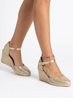 Kanna Tan & Gold Tweed Wedge Heels Espadrille Sandals Sz 7 EU 37 Made in Spain
O